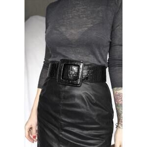 Betsey Johnson Black Croc Belt | Glossy Sculptural Buckle, Western Y2K Drama NEW